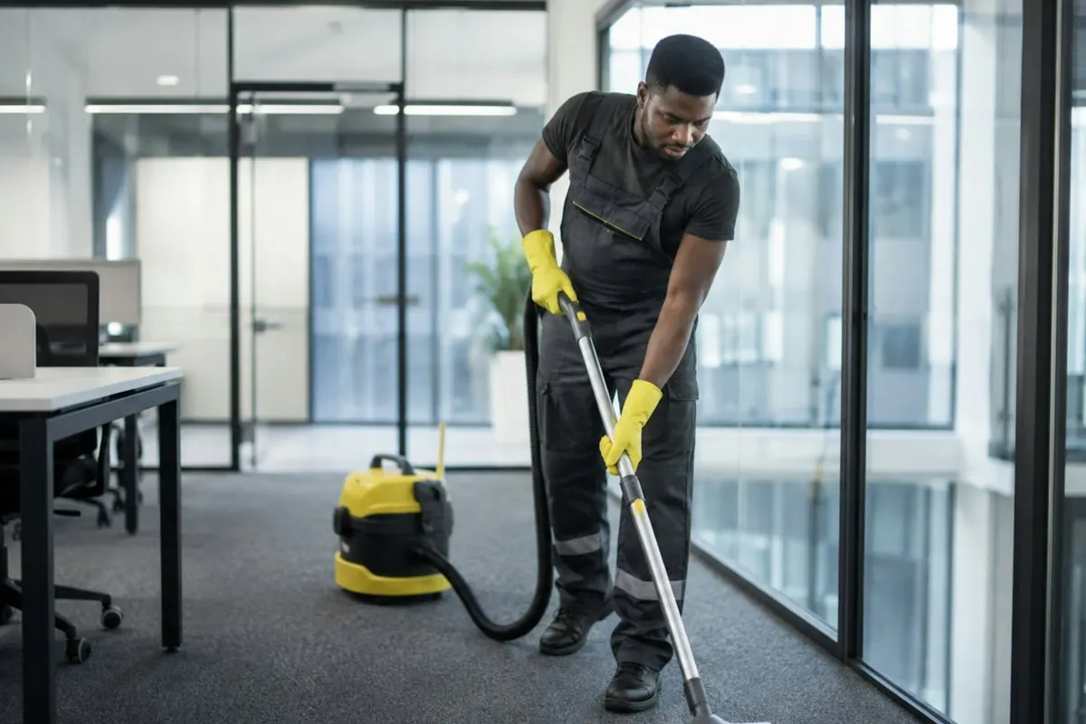 A cleaner vacuuming the carpeted floor of a glass-walled office