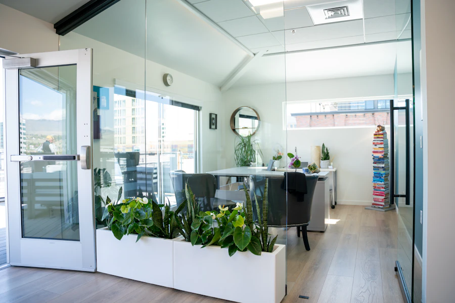 A bright modern office space with glass walls